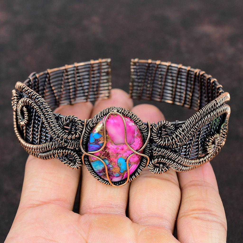 Браслет-манжета Kingman Pink Dahlia Turquoise с драгоценными камнями, браслет-манжета из проволоки, ручная работа, ювелирные изделия из медной проволоки, регулируемый браслет, подарок