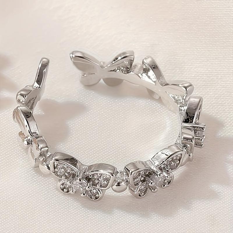 1 шт., элегантный и классический стиль, серебристо-розово-золотистое открытое кольцо в форме бабочки, инкрустированное блестящим циркониевым кольцом