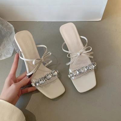 Летние новые массивные босоножки женские модные квадратные босоножки со стразами прозрачные ленты узел бабочка нескользящие высокие каблуки