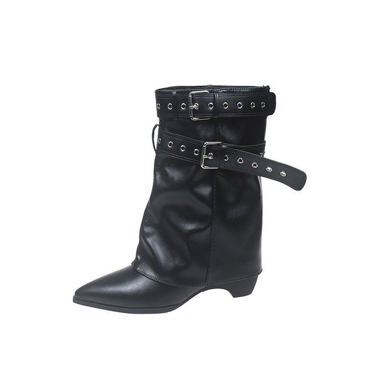 Американские Spice Girls~ Осень-Зима 2025 Новые Брюки с Пряжкой на Ремне Ботильоны на Каблуке Ботильоны с Острым Носком для Увеличения Роста Женские Ковбойские Сапоги в Западном Стиле