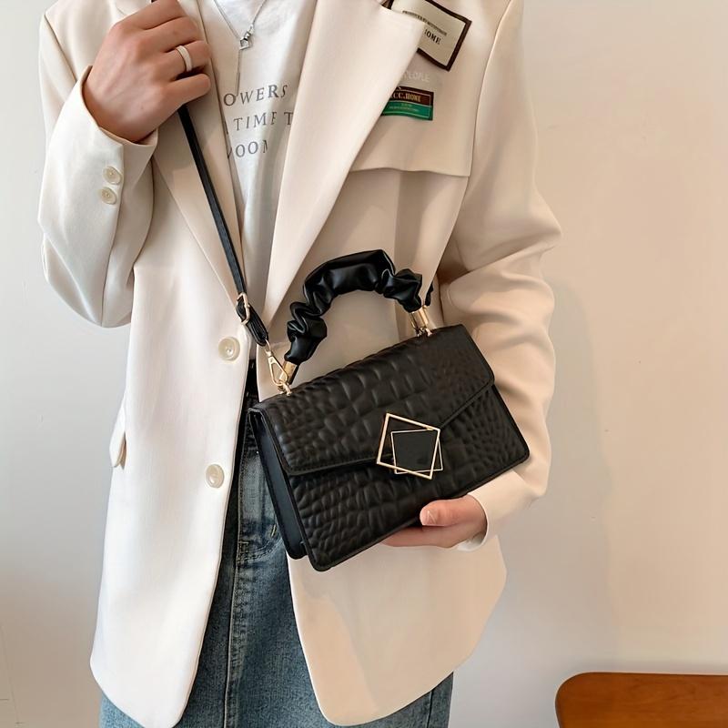 Trendy Crocodile Pattern Handbag, Top Ruched Handle Square Wallet for Women, Solid Color Textured Bag