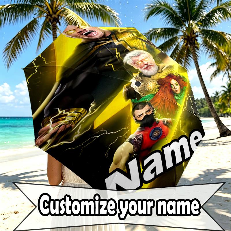 Custom Name Personalized Black Adam Print Umbrella, Auto Open Close, 8‑Rib Sturdy Frame, Commute Camping Hiking Use, Birthday Gift