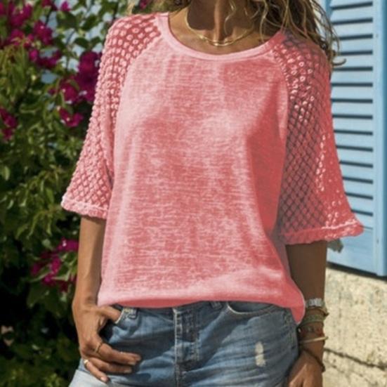 Women Tops Lightweight Breathable Mesh Design Loose Fit Sleeve Splicing Round Neck 46085 Sleeve Summer Casual