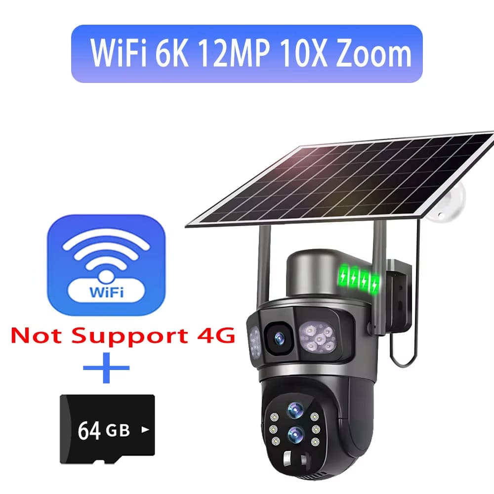 Solar Outdoor Surveillance Camera WiFi  6K Wireless 10X Zoom Three Lens 12MP 360 Cameras Auto Tracking CCTV IP Security Cam V380