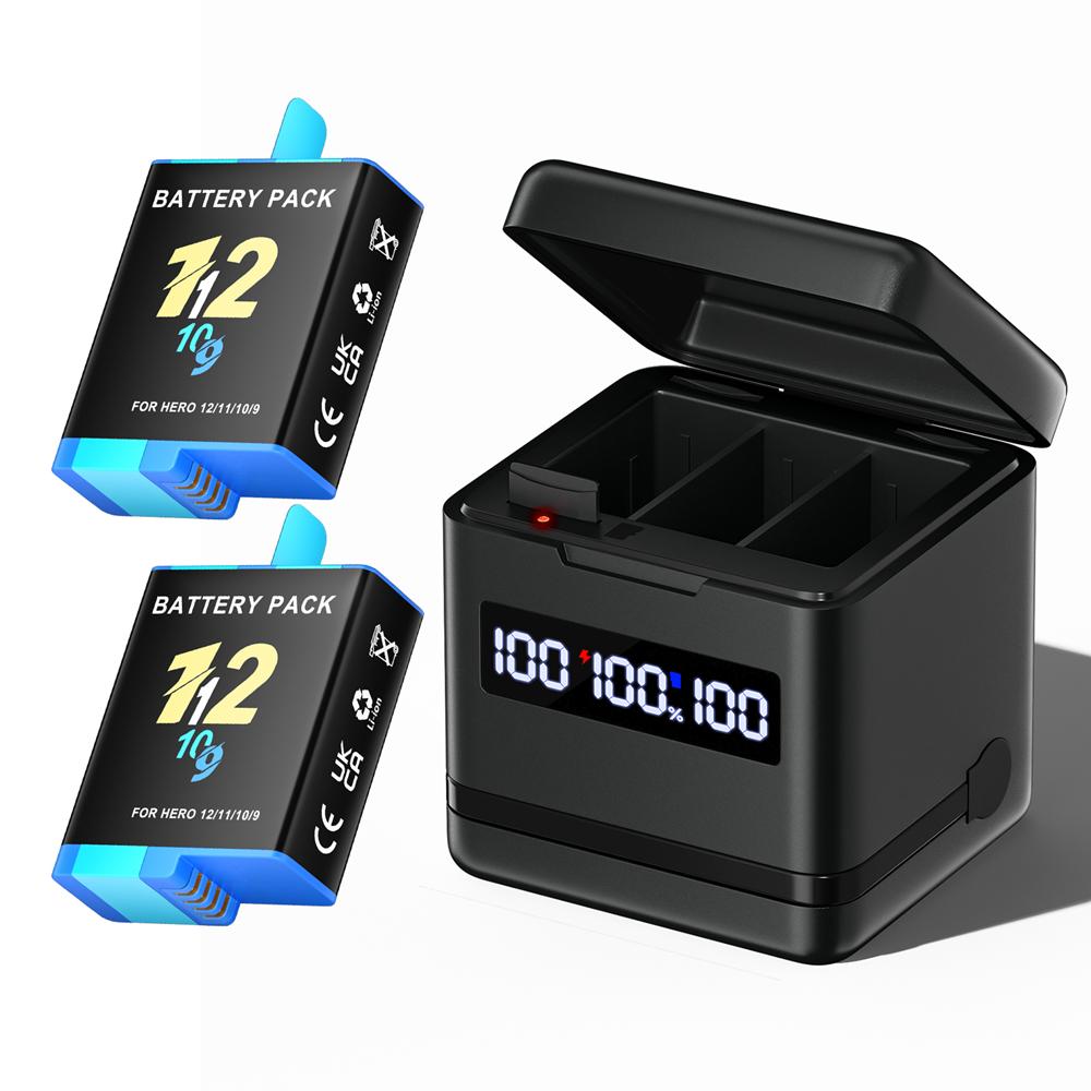2000mAh Battery For Gopro Hero 9 10 11 12 Camera Battery with LCD 3-Slots Fast Charger Box For GoPro Hero12 11 Sport Cameras