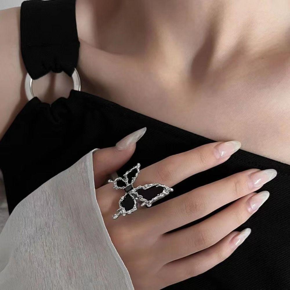 Exaggerate Black Butterfly Ring Black Gothic Opening Ring Jewelry Adjustable Finger Ring  Gift