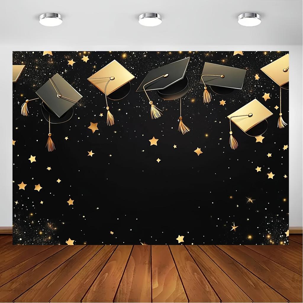 1 graduation background banner with black cap, suitable for graduation parties, with multiple sizes to choose from