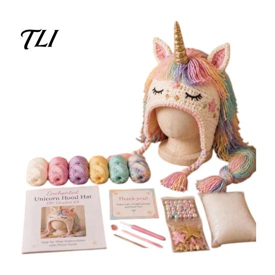 Handmade Fantasy Headwear Hood Crochet Kit, Cute Animal Hat DIY Dragon Unicorn Halloween Cosplay Kit Skull Earflap Craft for Adults, Headgear Novelty