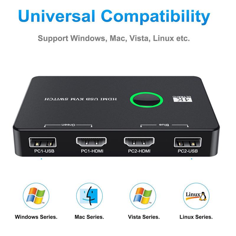 2-портовый USB/HDMI KVM-переключатель для совместного использования клавиатуры, мыши, принтера и монитора