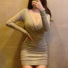 Gray Long-Sleeve Sexy Chest-Revealing Tight Hip Dress