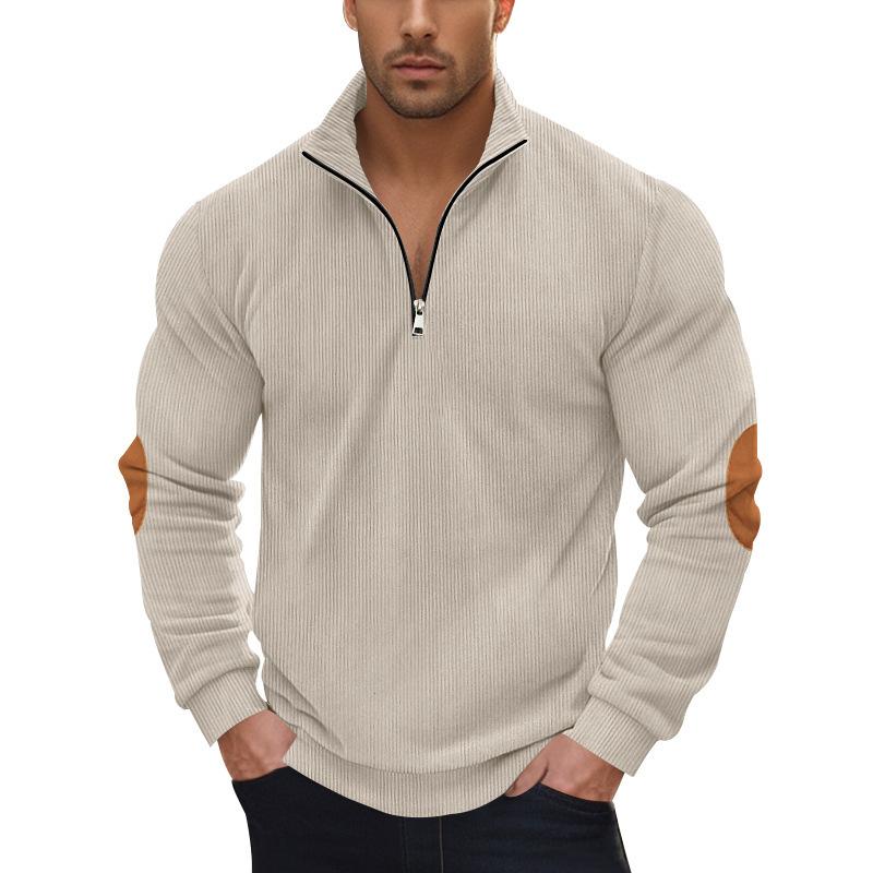 Men’s Long-Sleeved Half-Zip Sweatshirt: Heavyweight Corduroy, Stand-Up Collar, Loose Fit Top