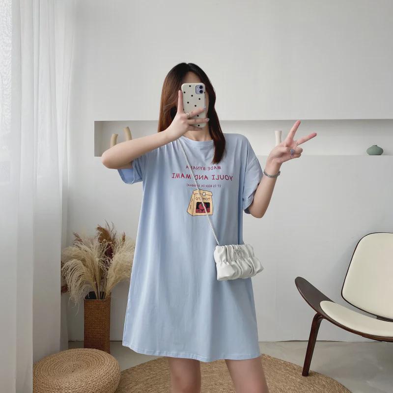 Maternity and Nursing Summer T-Shirts: Fashionable, Loose-Fit, Short-Sleeve Mid-Length Dresses with Printed Designs