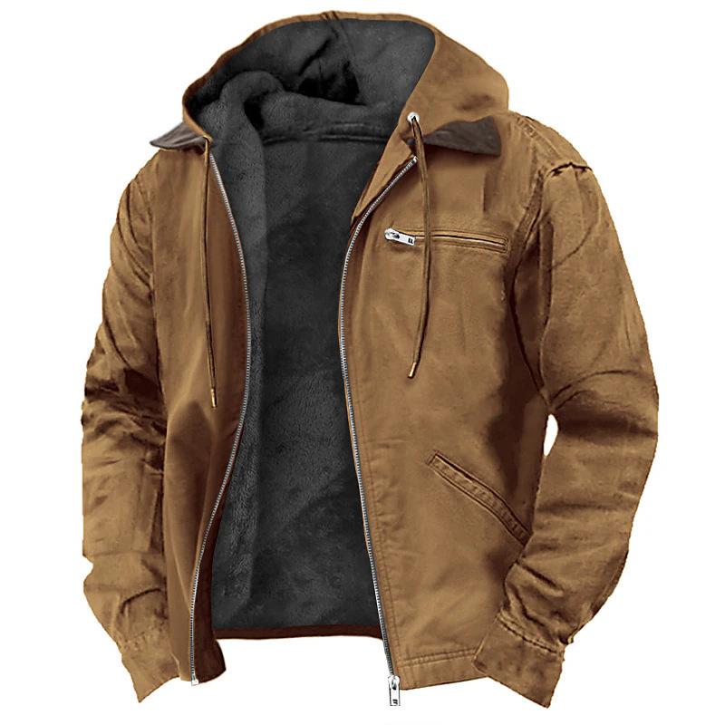 European And American Cross-Border E-Commerce Exclusive Solid Color Hooded Cotton Jacket Casual Men'S Fleece-Lined Zipper Pocket Jacket Coat