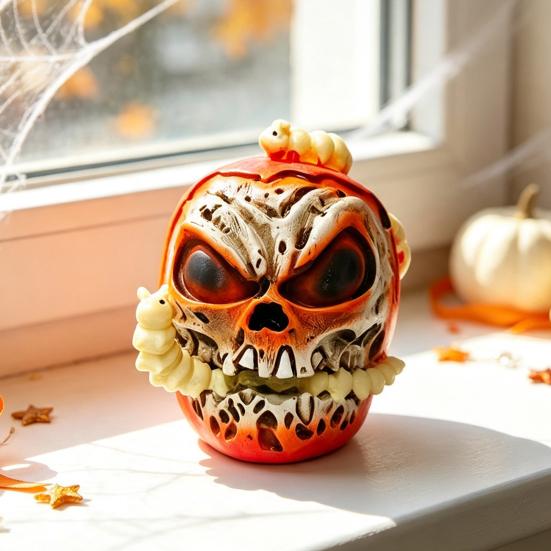Gothic Home Atmosphere Decor Halloween Skull Apples Resin Statue, Spooky with Niche Horror Collection Pieces Worm, Prop for Party Haunted House,