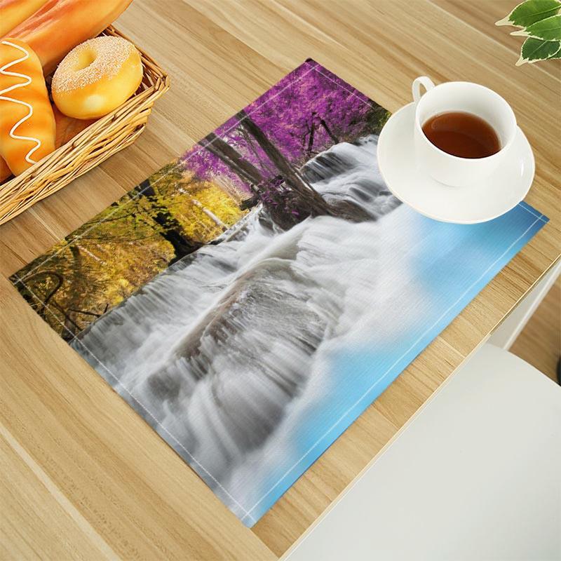 Natural Waterfall Print Linen Dining Table Mats Alphabet Kitchen Placemat 30X45cm Coasters Pads Bowl Cup Mat