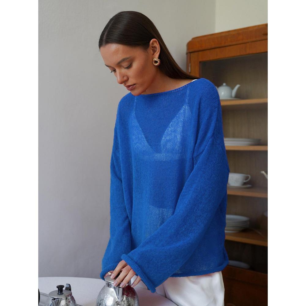 Трансграничная футболка с вырезами Новая женская перспективная тонкая трикотажная футболка с большим круглым вырезом и рукавами-фонариками