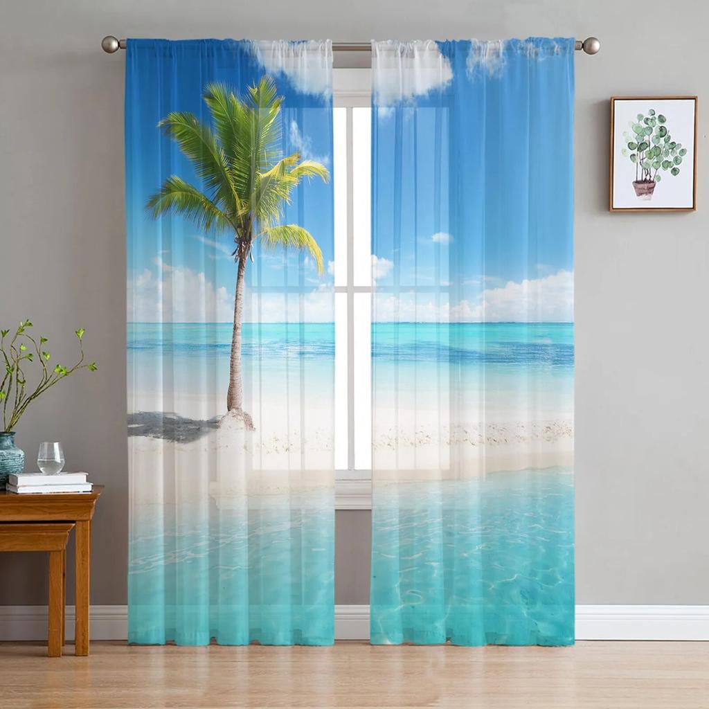 Modern Sheer Curtains Summer Beach Palm Trees Living Room Kitchen Children's Room Decoration Household Chiffon Window Curtains