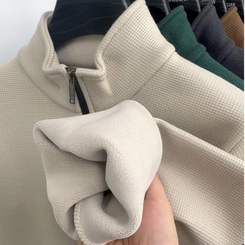 Plus Size Men's Autumn And Winter Sweatshirt Zipper Stand Collar Long Sleeves Thickened Fleece Solid Color Neck Guard Mid-length