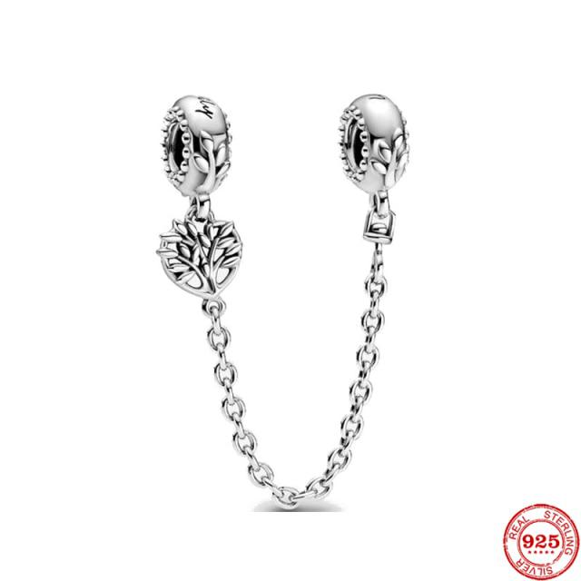 925 Sterling Silver Sparkling Clear Sparkle Flower Safety Chain Charm Bead Fit Original Bracelet Pendant DIY Jewelry