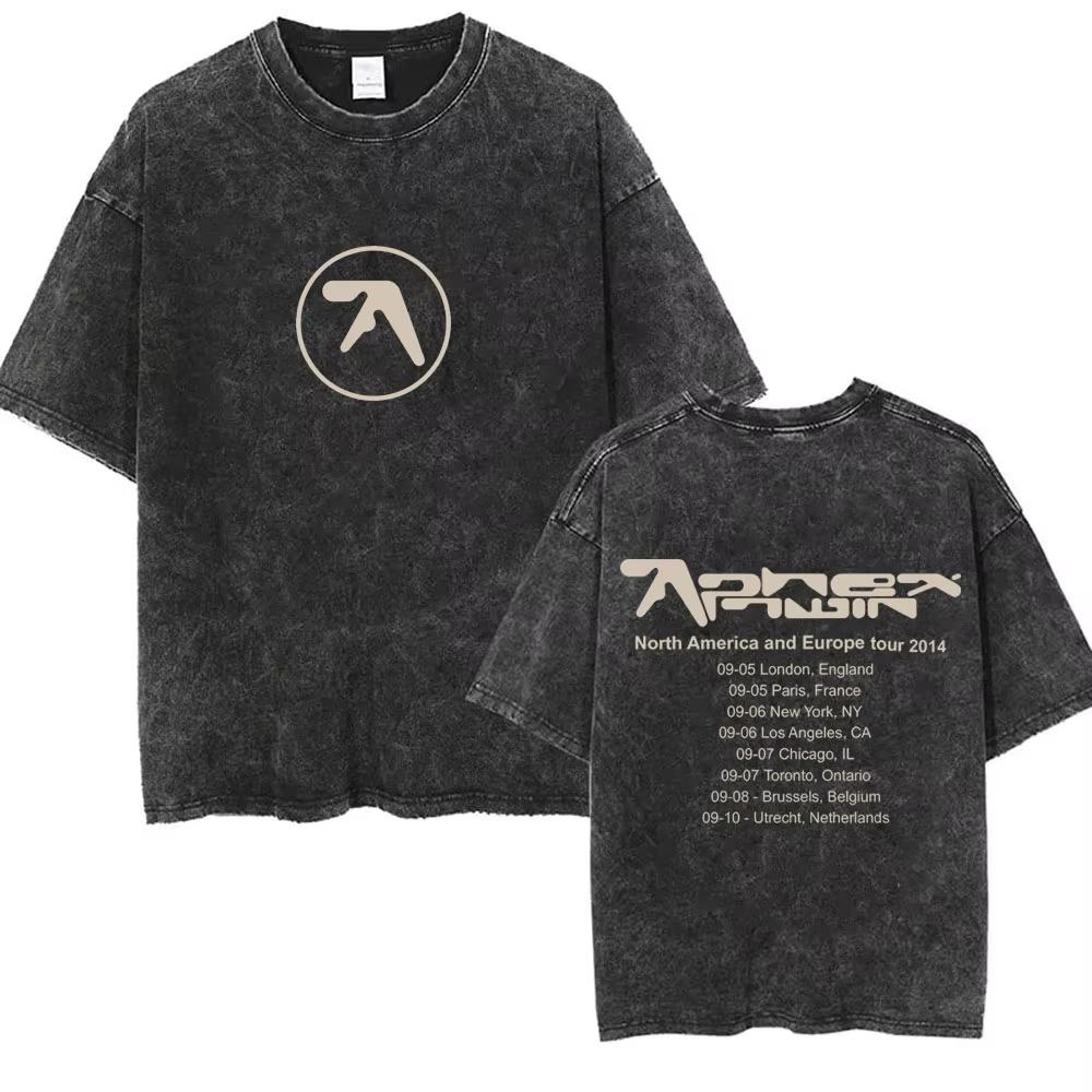 Aphex Twin Washed Винтажная Футболка Мужская Женская Модная Повседневная Оверсайз Футболка с Короткой Рукавой Мужская Хлопок Ретро Футболка