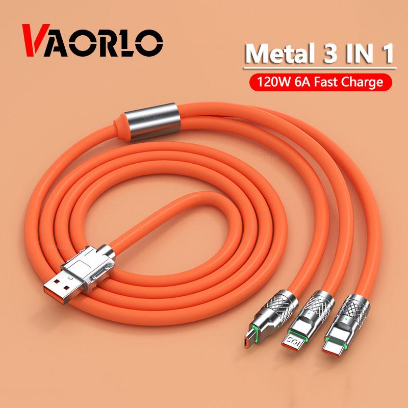 VAORLO Металлический USB-кабель для передачи данных 120 Вт, 6 А, 3 в 1, супер зарядка, быстрая зарядка для Micro Type-C, с подсветкой, передача 480 Мбит/с