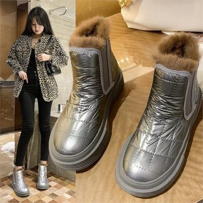 Модные новые зимние ботинки 2024 года, женские ботильоны на плоской подошве, нейлоновые, меховые, с круглым носком, теплые, плюшевые, нескользящие ботинки