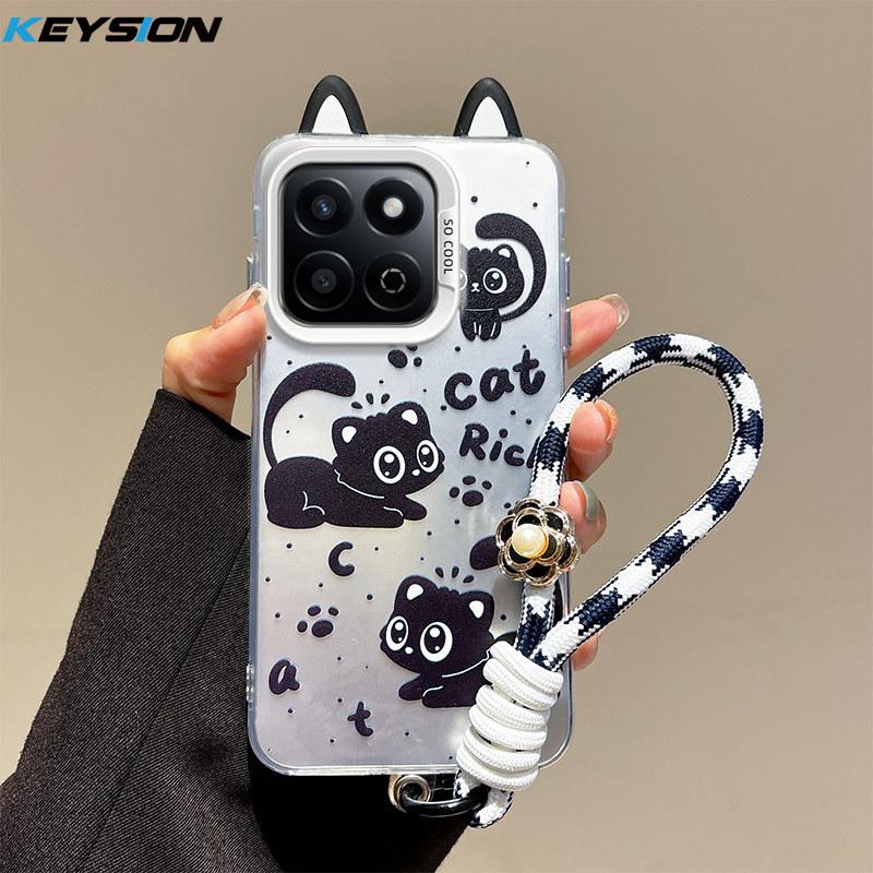 KEYSION Милый мультяшный чехол с ушками для HONOR X7c со шнурком Мягкий силикон+ПК Противоударный чехол для телефона для Huawei Honor 200 Smart 5G
