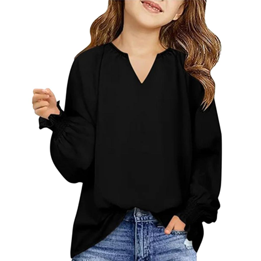 Девичья футболка с длинным рукавом - Однотонный свободный крой, повседневный топ