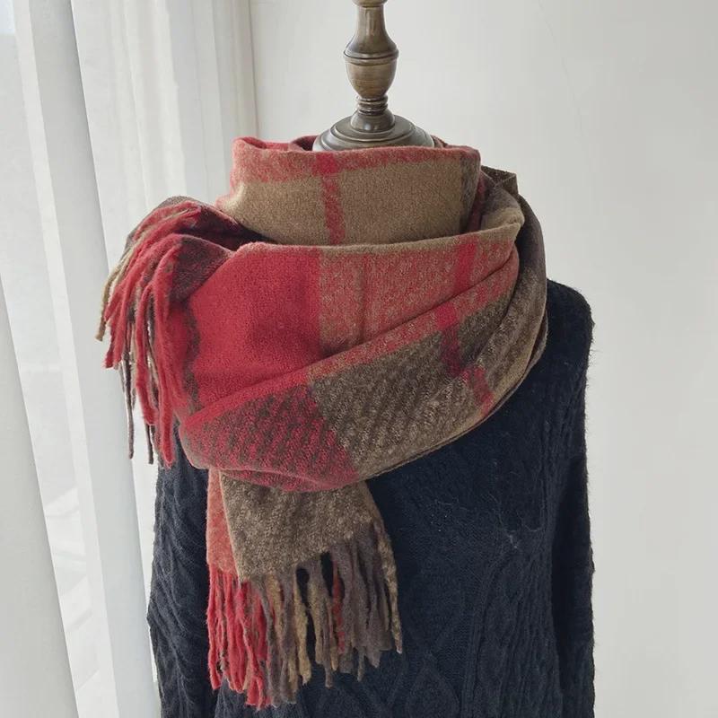 Korean Style Plaid Cashmere-Like Tassel Scarf for Women - Warm, Thick, and Ideal for Autumn and Winter