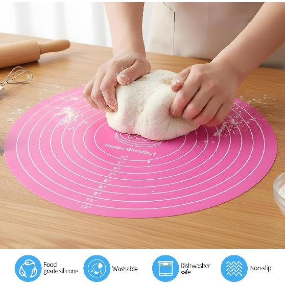 2 Pcs Silicone Cake Mat, 12 Inch Round Silicone Baking Mat with Measurements Pink Blue Turntable Pastry Mats Non-Stick Heat Resistant Reble Cookie
