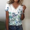 Women Casual Loose Shirts V Neck Short Sleeve Flower Print Lace Tops T-shirts Tee