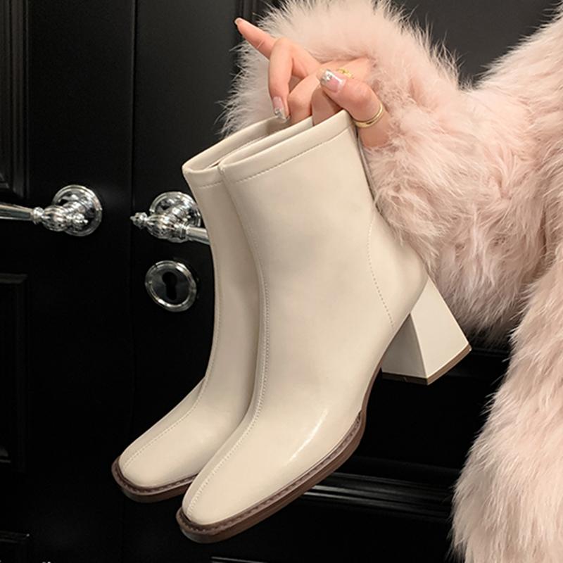 Krazing Pot Cow Leather Autumn Winter Shoes Square Toe Thick High Heels Zipper Office Lady Women Ankle Boots