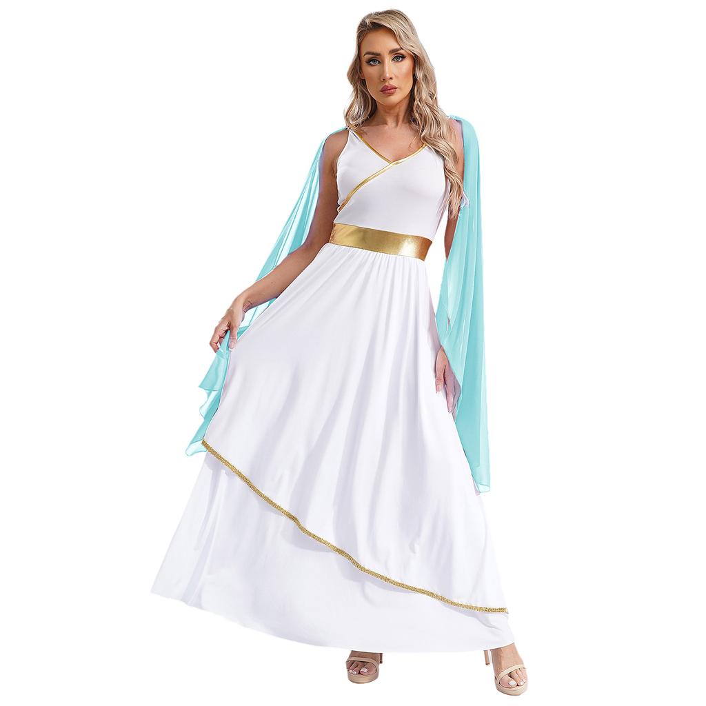 Women's Ancient Greek Roman Queen Costume Halloween Cosplay Gold Trims Toga Dress
