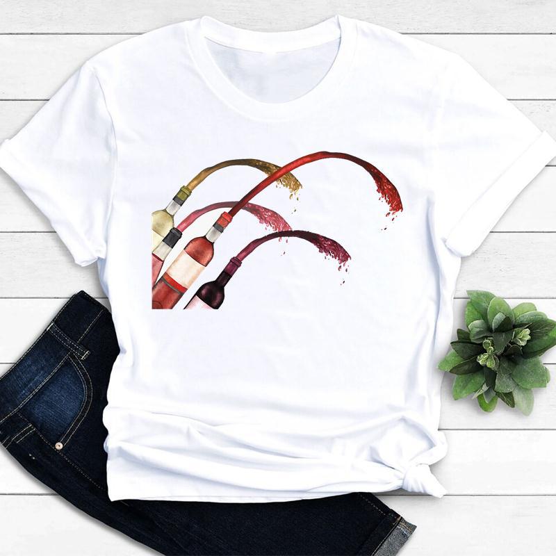 Women's Vintage Tee Color Wine Glass Print a Generation Hair Base Shirt Trend Aesthetic Graphic T Shirts Casual Tops