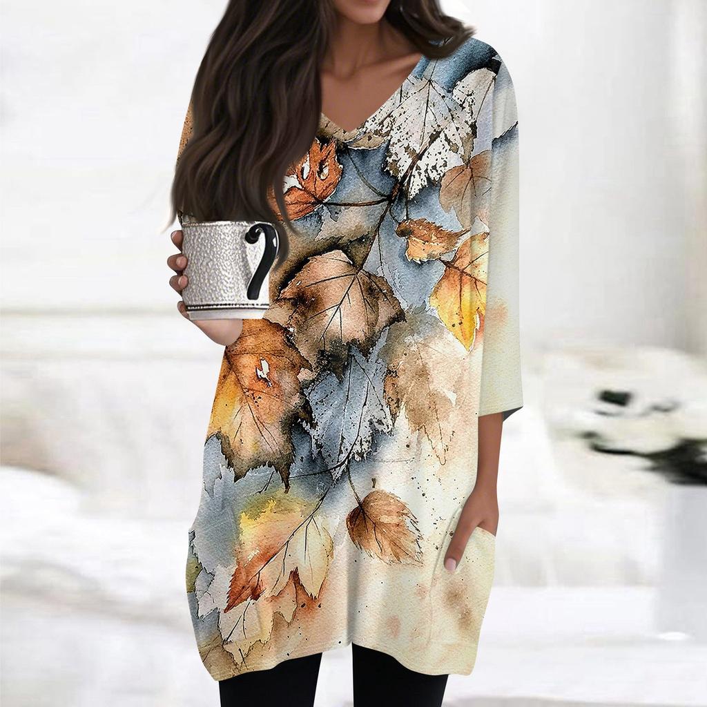 Womens Tops V-neck 3/4 Sleeve Blouses Casual Mid-length Shirts Fashion Print Tunic Tops With Pockets