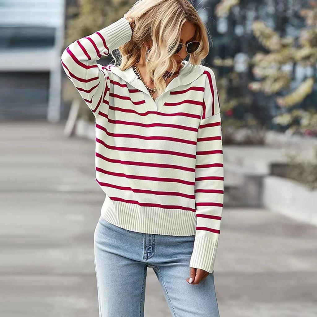 Spring and Autumn Women's Plus Size Casual Lapel Striped Knitwear