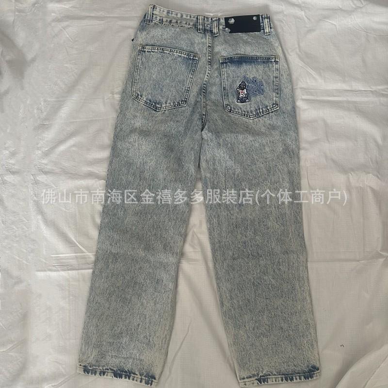 Mens Washed Blue Straight Fit Skateboard Jeans With Cartoon Embroidery Hip Hop Streetwear