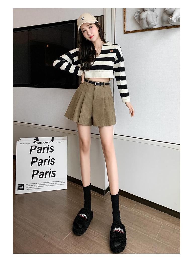 High-Waisted Corduroy Wool Pleated A-Line Skirt Pants for Women - Versatile Winter 2025 Fashion