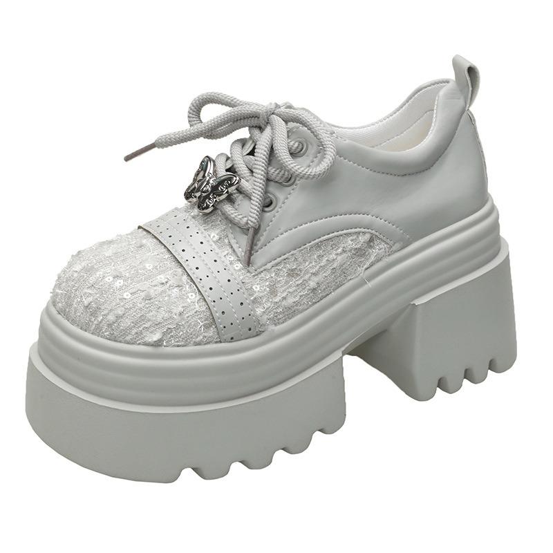 Новая кожаная обувь с пайетками, толстой подошвой и толстым каблуком, на шнуровке, низкие, однотонные, с круглым носком, женская