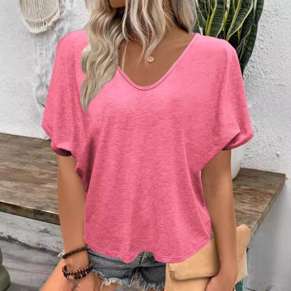 Женская однотонная футболка с v-образным вырезом, повседневная свободная футболка размера плюс с коротким рукавом