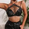 Sexy Halter Tops Sleeveless Backless Cropped Tops Hollow Fishnet Shiny Rhinestones Inlaid Perspective Neck Strap Top