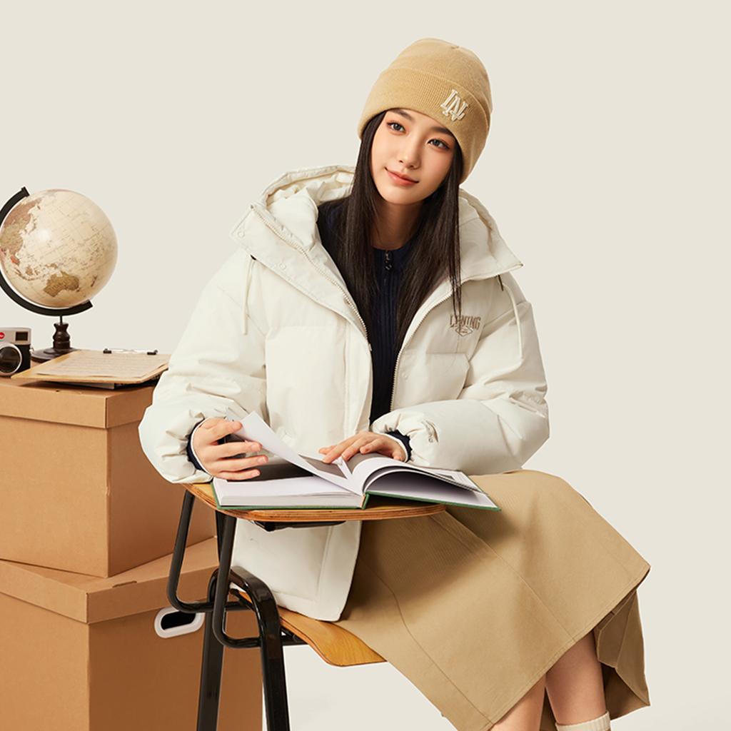 Li Ning Sports Lifestyle Series Solid Color Zipper Hooded Versatile Casual Down Jacket Women Outerwear Off-White AYMV386-6