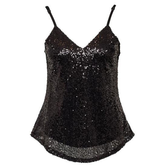 Женский топ с глубоким вырезом и V-образным вырезом, регулируемый ремень-спагетти, блестящий топ с блестками и открытой спиной, без рукавов, сплошной цвет, свободный топ для выступлений, танцевальный клуб, вечерние топ на бретелях