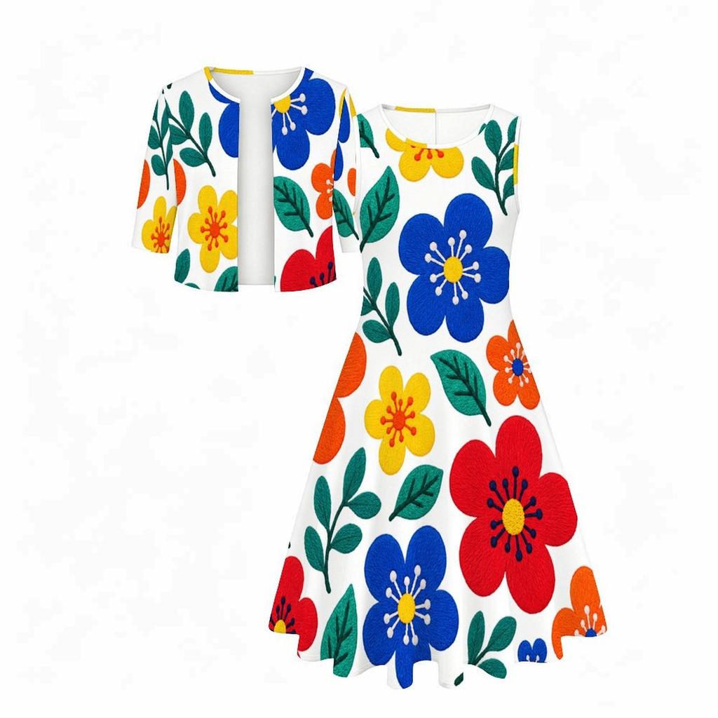 Women Plus Size Round Neck Daisy Floral Printed Two Piece Set Sleeveless Flared Dress With Short Sleeve Cropped Cardigan
