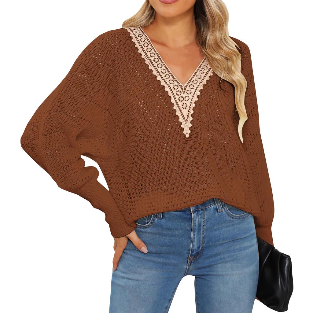 Женский осенне-зимний ажурный тканый свитер с V-образным вырезом и рукавами-сращиваниями