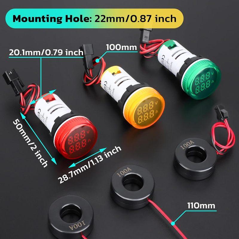 2 in 1 60-500V 0-100A AC Digital Ammeter Voltmeter, 22mm Rounded Digital Tube Screen with Transformer, LED Display Voltage