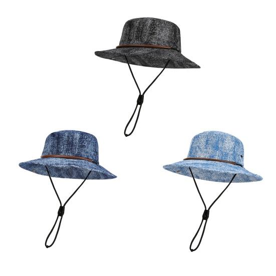 Unisex Fisherman Hat Extra Large Brim Adjustable Fit Hiking Bucket Hat Windproof Buckle Washed Denim Outdoor Travel UV Blocking