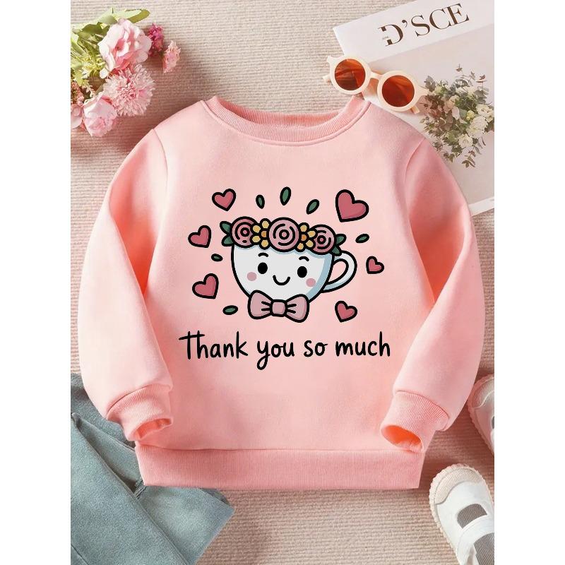 Kids Crewneck Sweatshirt, Cute Cartoon Teacup & Hearts Print with "Thank You So Much"