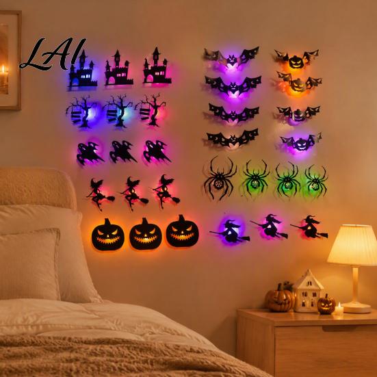 Witch Wall Decor 30Pcs Halloween with LED Light Glowing Bat Ghost itch Seasonal Home Spider Silhouette Decoration Spooky Light-Up Window Sticker for
