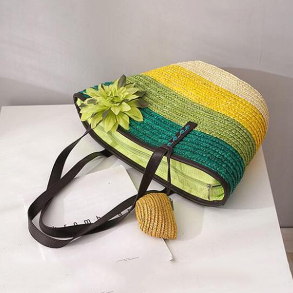 Knitted Straw Bag Summer Flower Bohemia Fashion Women's Handbags Color Stripes Shoulder Bags Beach ARI